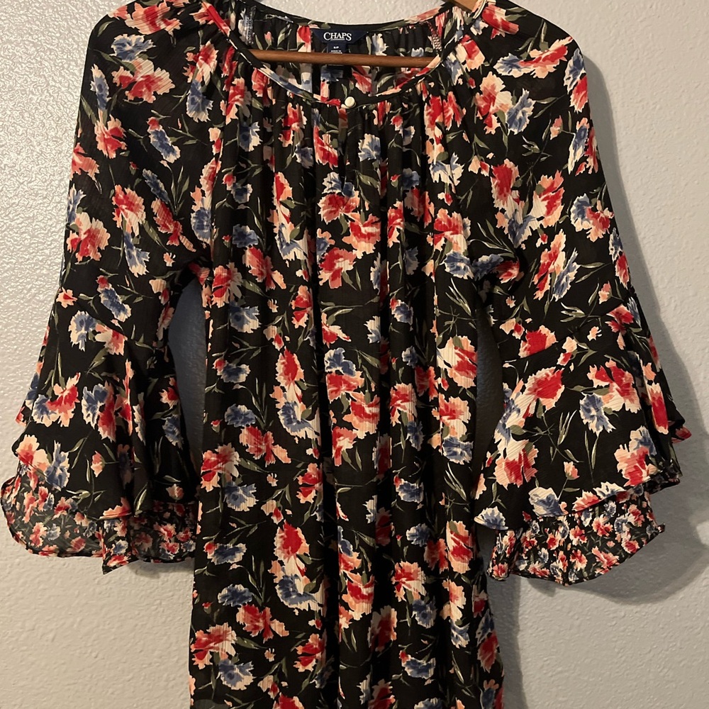 Chaps Black Floral Bell Sleeve Blouse